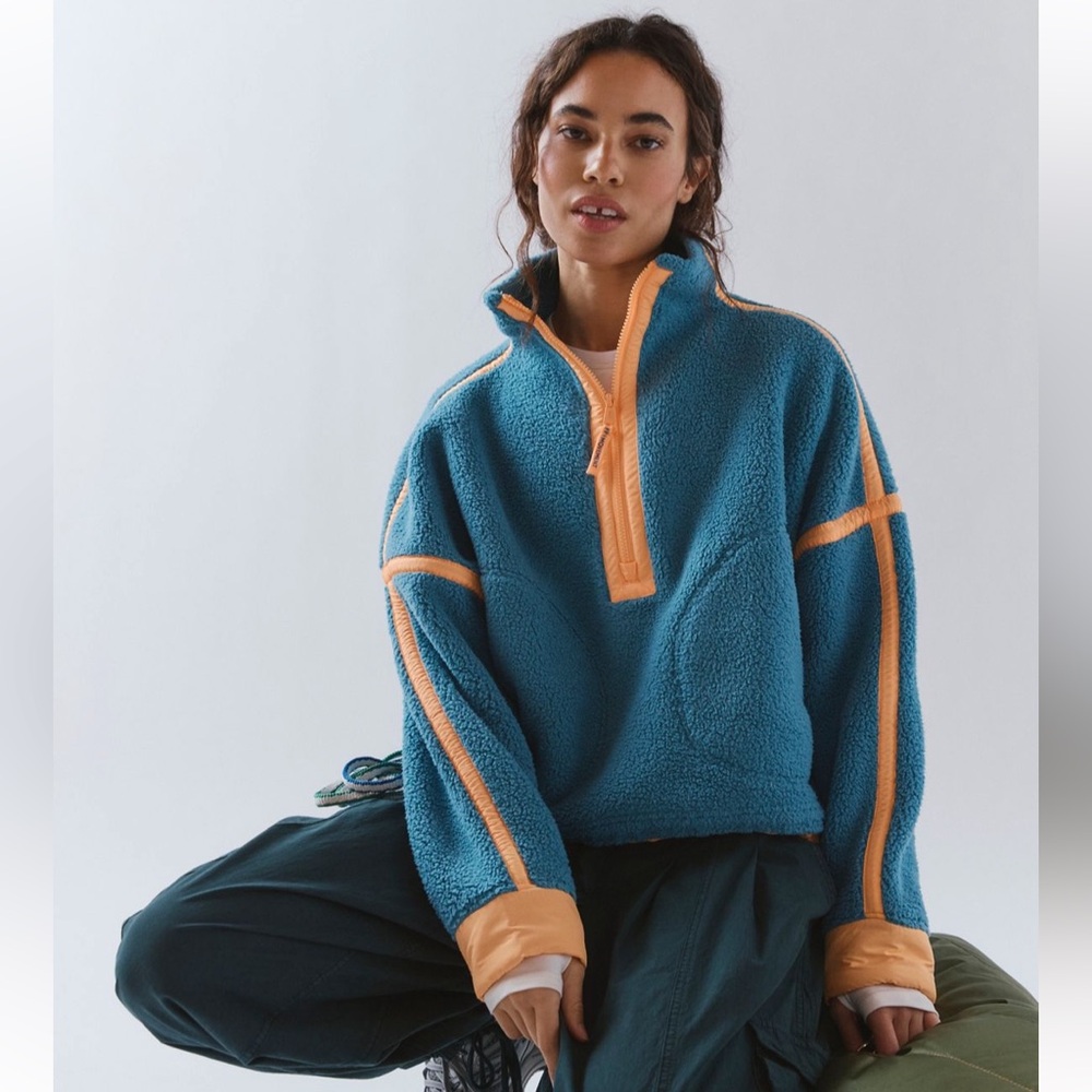 FP Movement by Free People Teal Sherpa Half-Zip Pullover with Peach Trim - Picture 2 of 6